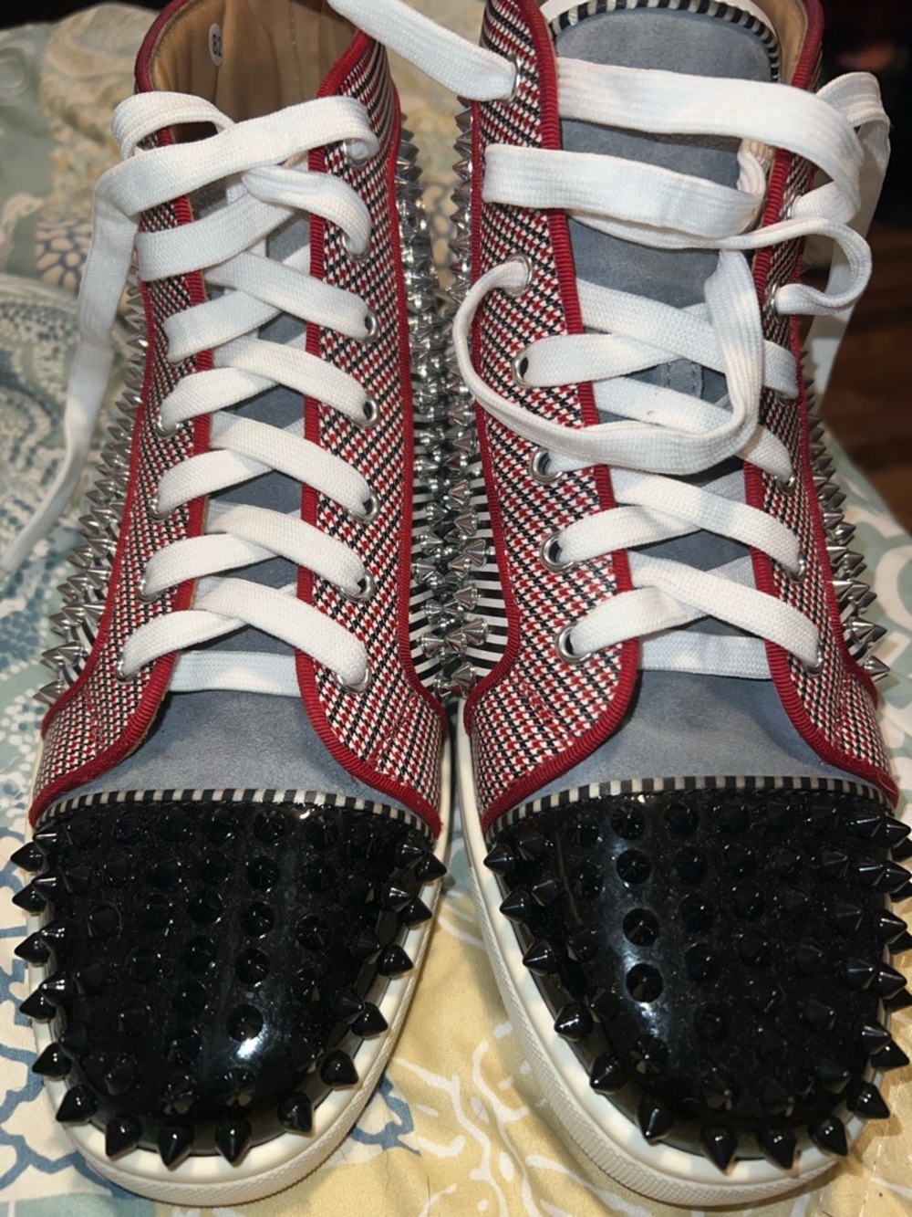 Christian Louboutin Black Red & White Spiked High-Top Sneakers